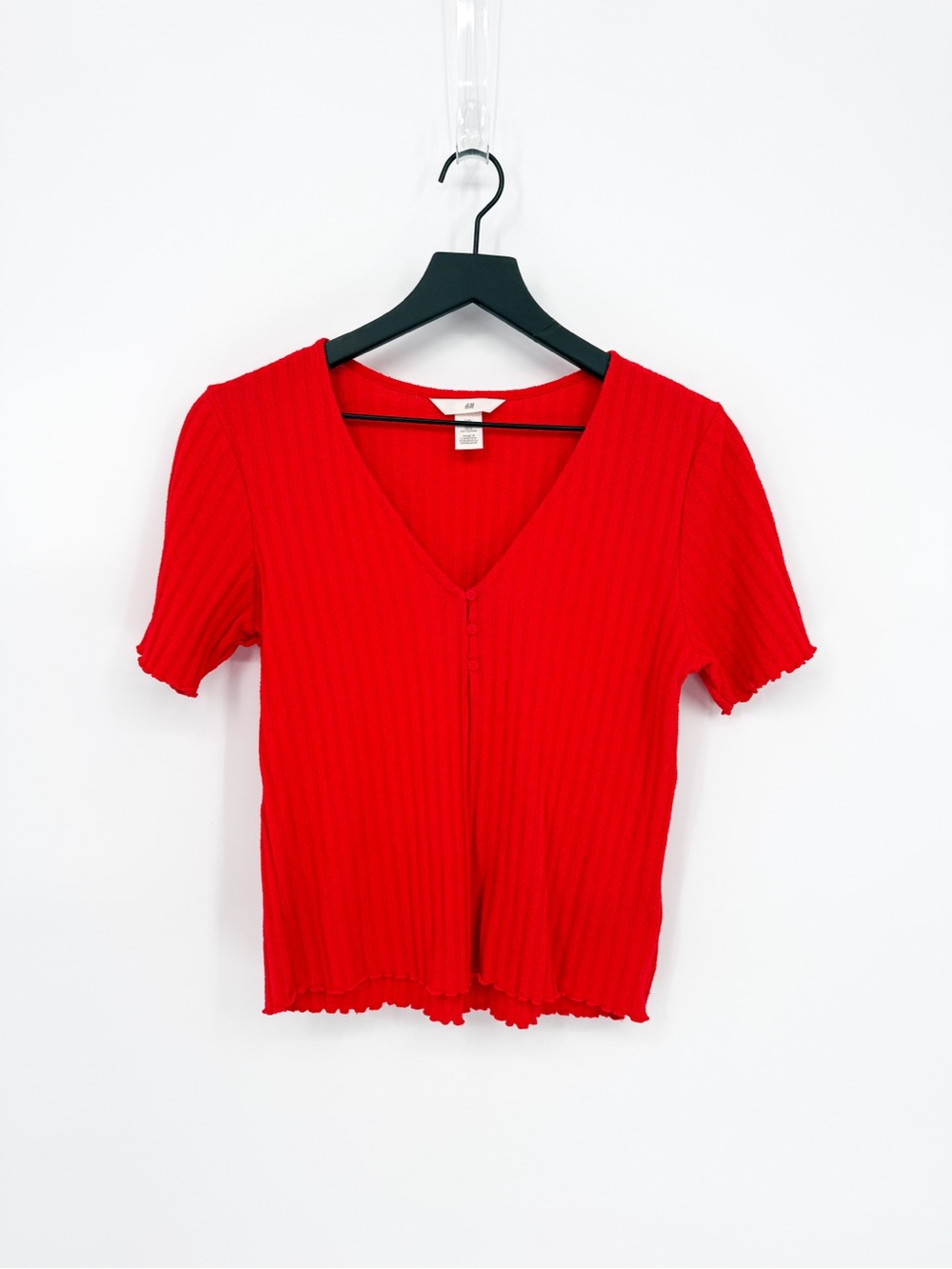 H&M Ribbed Henley Top Lettuce Trim Sleeves Tomato Red Large